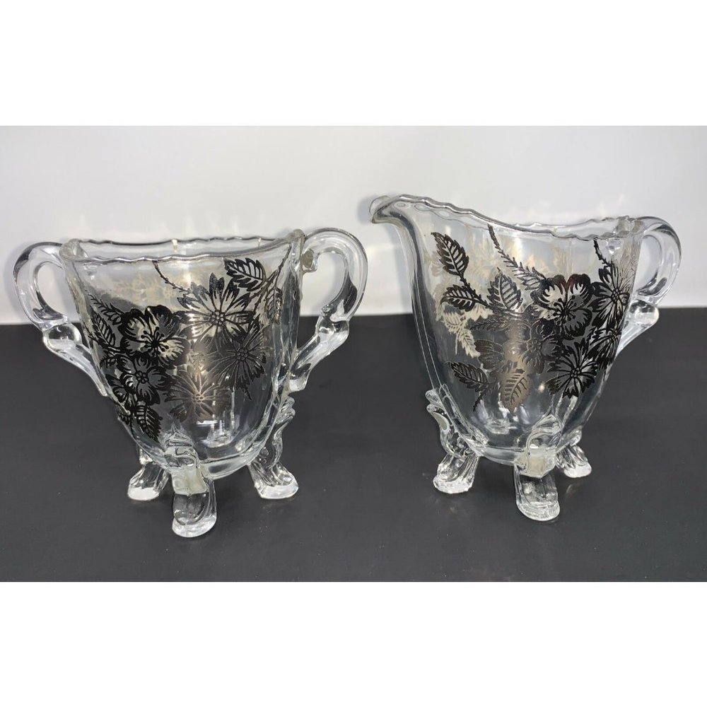 VIKING GLASS #42  Four Toed Open Sugar & Creamer SILVER CITY Springtime Overlay